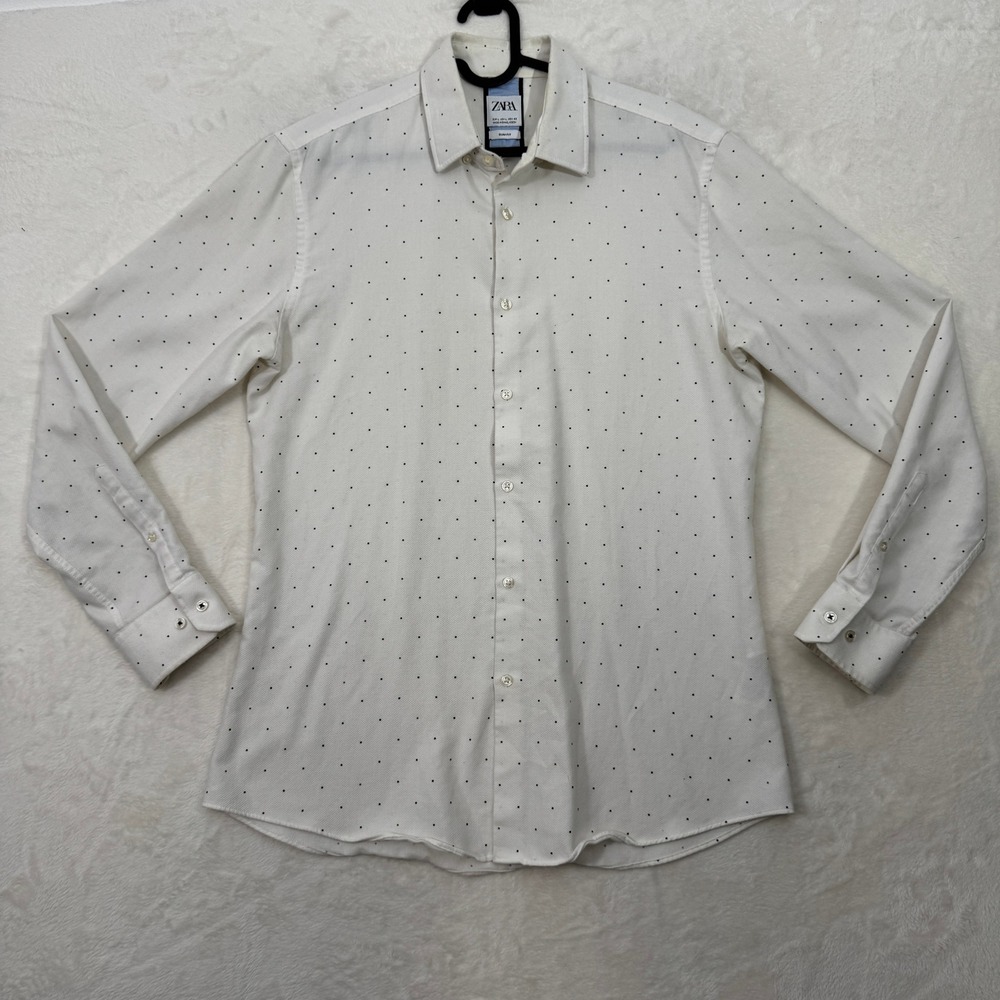 Zara Button Down Shirt Mens Large White Slim Fit Micro Dot Long Sleeve‎ Textured